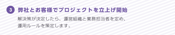 弊社とお客様でプロジェクトを立上げ開始 解決策が決定したら、運営組織と業務担当者を定め、運用ルールを策定します。